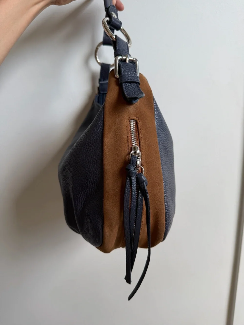 Sundance Genuine Leather & Suede Hobo Bag — Navy/Cognac Made In Italy